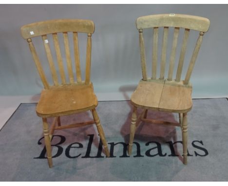 A set of six early 20th century beech and elm stick back dining chairs, 36cm wide x 86cm high. 