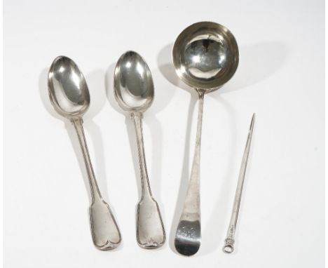 Four items of silver flatware, comprising;  a pair of George III double struck fiddle and thread pattern basting spoons, cres