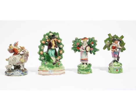 Four Staffordshire earthenware figures, circa 1820-30, comprising; a  Salt pearlware figure of a `Gardener', 15cm. high; a pe