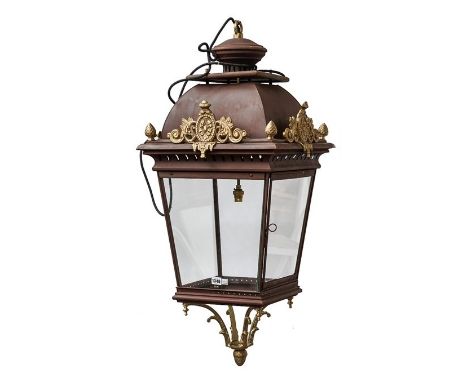 A pair of Victorian style hanging lanterns, modern, each of square tapering form with domed surmount and gilt metal finials, 