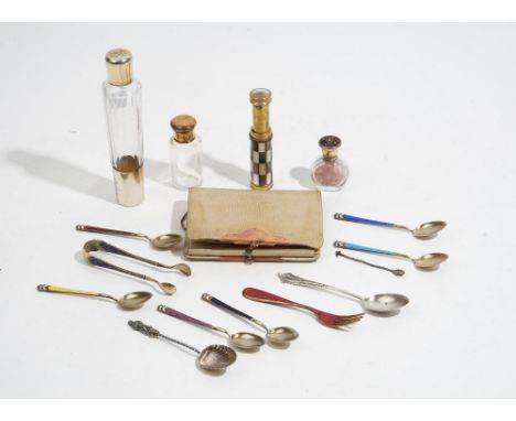 A Victorian silver gilt mounted, faceted glass scent bottle, London 1896, two silver gilt topped glass smelling salts bottles