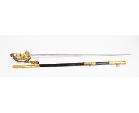 A George V Naval officer's sword, with single edged, engraved steel blade (79cm), folding brass guard stamped 'A. LONG RN', w