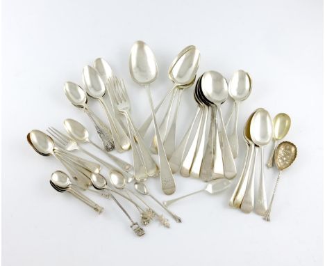 A mixed lot of silver flatware, various dates and makers, comprising: a basting spoon, London 1805, three tablespoons, two ta