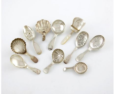 A collection of ten antique silver caddy spoons, various designs, comprising: one by George Unite, Birmingham 1869, foliate s