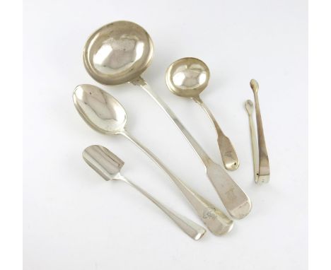 A mixed lot of silver flatware, comprising: a Fiddle pattern soup ladle, London 1817, a Hanoverian pattern basting spoon and 