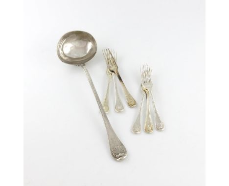 A Victorian silver Old English Military Thread and Shell pattern soup ladle and six dessert forks, by William Eaton, London 1