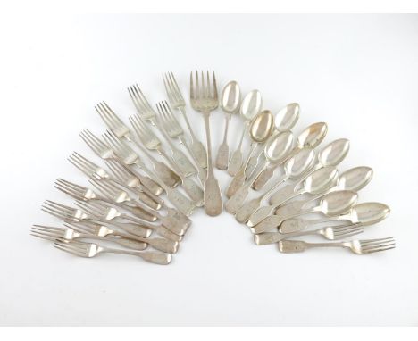 A collection of silver Fiddle pattern flatware, comprising: six table forks, by Jackson and Fullerton, London 1903, twelve de