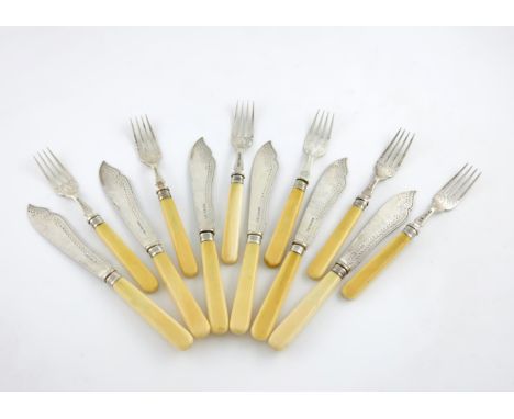 λ A set of six Victorian silver fish knives and five fish forks, by H. Atkins, Sheffield 1888, the blades with engraved decor