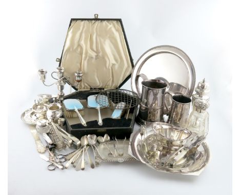 A mixed lot, comprising silver items: a cased three-piece silver and enamel dressing table set, Chester 1939, with a silver c