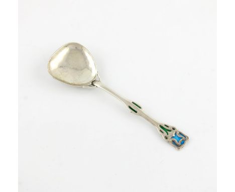 By William Hutton & Sons Ltd, an Edwardian Arts & Crafts silver spoon, Birmingham 1908, fig shaped bowl, spot-hammered decora