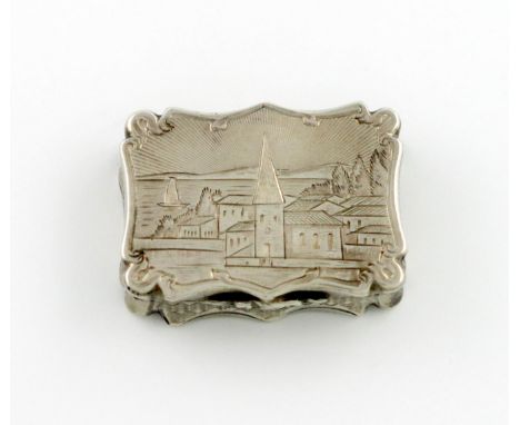 A Victorian silver engraved vinaigrette, by Nathaniel Mills, Birmingham 1846, shaped rectangular form, the hinged cover with 