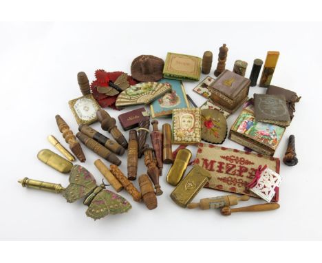 A large collection of needle cases, various materials, including a gilt-metal and mother-of-pearl one, of book form, a brass 