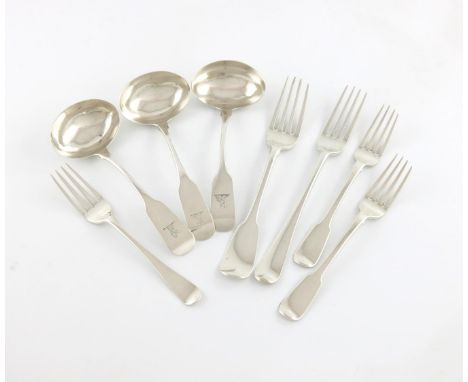 A mixed lot of Irish silver flatware, various dates and makers, comprising: a pair of Fiddle pattern sauce ladles, by George 