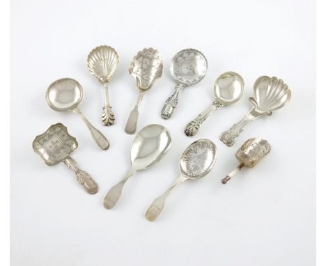 A collection of ten antique silver caddy spoons, various designs, comprising: one by Joseph Taylor, Birmingham 1820, the shap