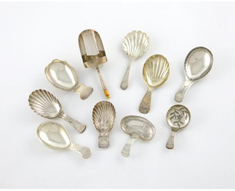 λ A collection of ten antique silver caddy spoons, various designs, comprising: one by Josiah Snatt, London 1802, with a larg