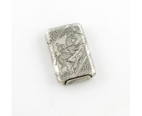 A Victorian silver hunting vesta case, by S. Mordan, London 1885, rectangular form, engraved with mounted huntsman and hounds