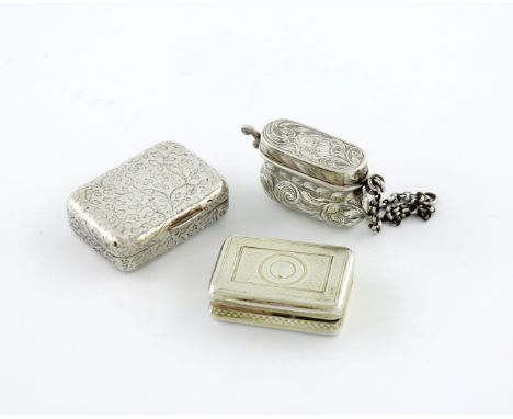 A small collection of three 19th century silver vinaigrettes, comprising: one of bag form, by J. Tongue, Birmingham 1847, eng