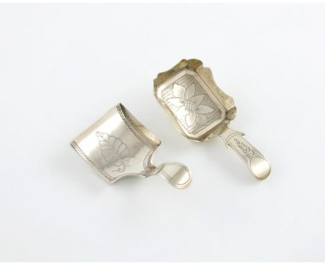 A George III silver caddy spoon, by Cocks and Bettridge, Birmingham 1814, shaped square bowl, engraved decoration, the handle