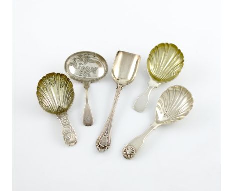 A collection of five antique silver caddy spoons, comprising: a George IV one, by William Eaton, London 1827, large fluted bo