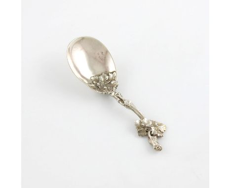 A Victorian cast silver caddy spoon, by George Adams, London 1863, fig-shaped bowl with a cast vine and vine-leaf handle with