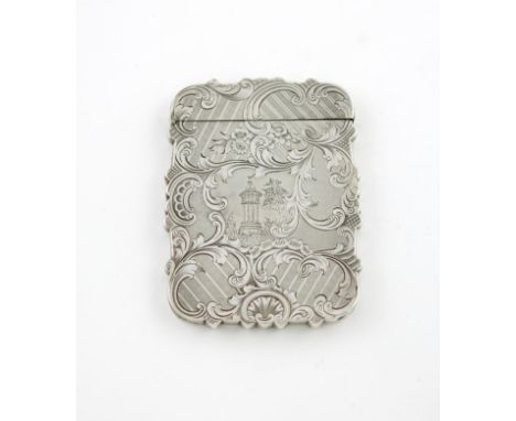 A Victorian silver engraved 'castle-top' card case, Burns Monument, Alloway, by Taylor and Perry, Birmingham 1843, rectangula