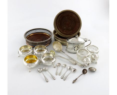 A mixed lot, comprising silver items; a George III mustard pot, maker's mark worn, London 1789, oval form, bright-cut and pie