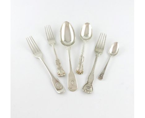 A mixed lot of silver Private Die flatware, comprising: a William IV table fork, the terminal with The Mansion House, by Will