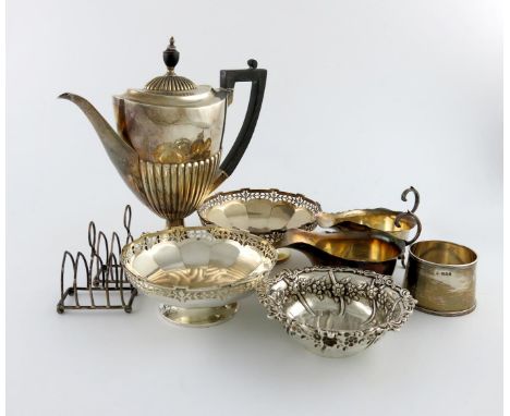 A mixed lot of silver items, various dates and makers, comprising: a Victorian coffee pot, by Walker and Hall, Sheffield 1898