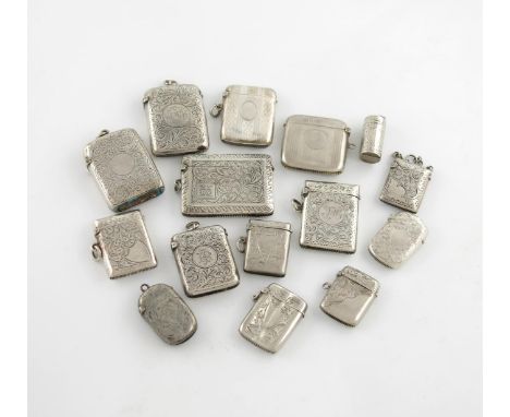 A collection of silver vesta cases, comprising one of cylindrical form, by Mills and Hay, Birmingham 1885, plus twelve furthe