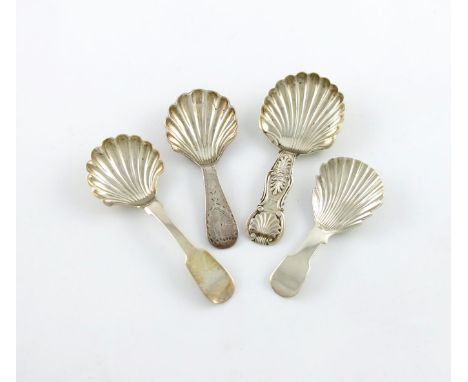 A collection of four Newcastle made antique silver caddy spoons, comprising: one of King's pattern, by William Lister, Newcas