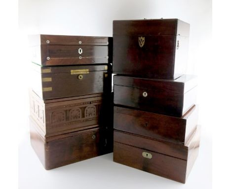 A collection of fourteen wooden boxes, various designs, fitted with wooden trays to fit caddy spoons. (14)