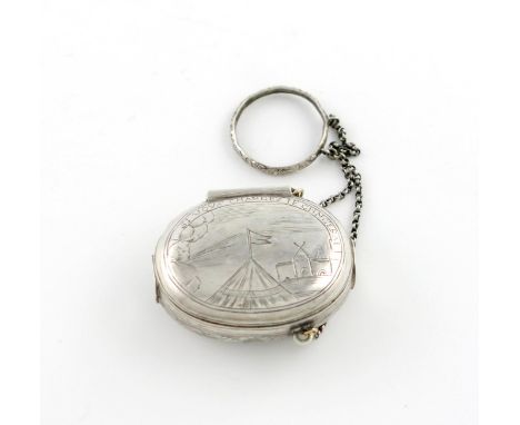 A 17th century silver squeeze-action spice / snuff box, maker's mark PR crowned, circa 1680-90, oval form, the hinged cover e