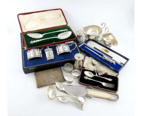 A mixed lot of silver items, comprising: a cased three-piece cruet set, shaped oval form, by A Chick & Sons Ltd, London 1964,