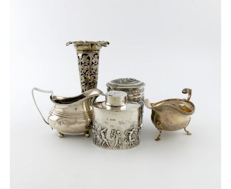 A mixed lot of silver items, comprising: a tea caddy, of oval form, embossed with figural scenes, by Nathan and Hayes, Cheste