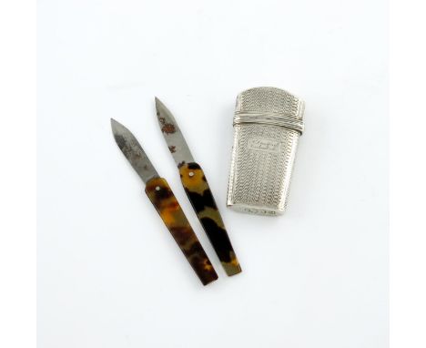 λ A William IV silver lancet case, by Joseph Willmore, Birmingham 1832, tapering oblong form, engine-turned decoration, with 