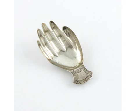 A George III silver hand caddy spoon, no maker's mark, London 1806, modelled as a right hand, with engraved finger nails, len