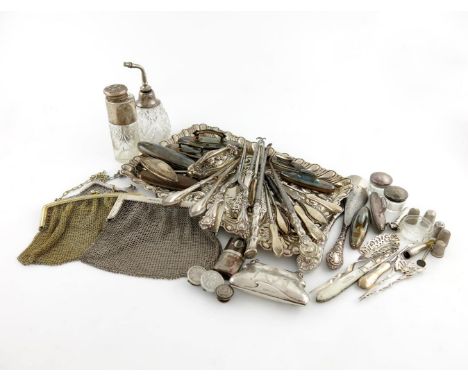 A mixed lot of silver items, various dates and makers, comprising: a dressing table tray of rectangular form, Birmingham 1909