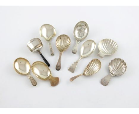 A collection of ten antique silver caddy spoons, various designs, comprising: one London 1784, fluted bowl, Bright-cut handle