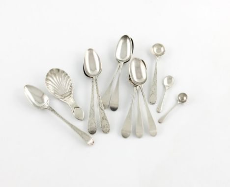 A mixed lot of silver flatware,  comprising: two teaspoons by Hester Bateman, a caddy spoon, six further teaspoons and three 