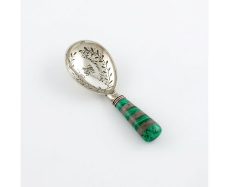A 19th century silver and malachite and agate caddy spoon, unmarked, fig-shaped bowl, engraved foliate decoration and inscrib