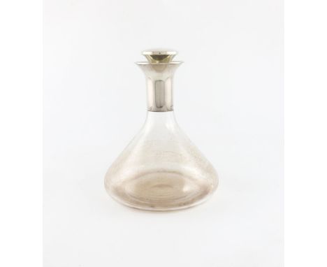 A modern silver mounted decanter, by Martyn Pugh, Birmingham 1987, tapering circular form, plain silver mount and stopper, le