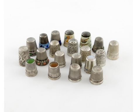 A collection of twenty silver thimbles, various dates and makers, comprising: three set with stones, five with enamel decorat