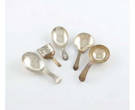 A collection of five antique silver caddy spoons, various designs, comprising: one Peter and Ann Bateman, London 1791, the ha