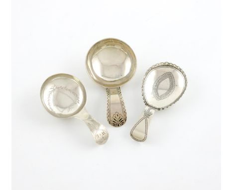 A small collection of three silver caddy spoons, comprising: one by Cocks and Bettridge, Birmingham 1804, the bowl with a pie