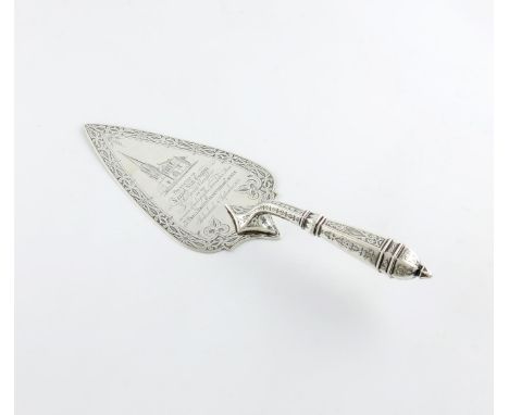 A Victorian presentation silver trowel, by Francis Higgins, London 1856, the triangular blade with a chased foliate border an