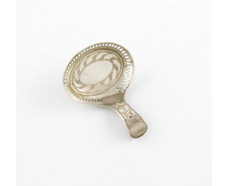 A George III silver caddy spoon, by Joseph Willmore, Birmingham 1810, the oval bowl with a pierced border and with engraved d