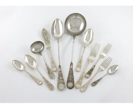 A collection of electroplated Venetian pattern flatware, various makers, some crested, comprising: twenty table forks, twenty