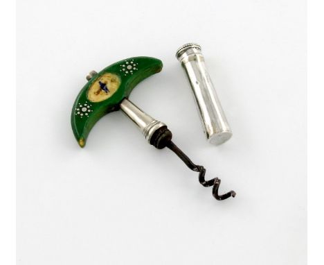 λ A George III silver pocket corkscrew, unmarked, circa 1800, shaped crescent turned green stained ivory handle, tapering she