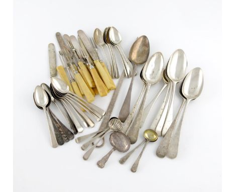 λ A mixed lot of silver flatware, comprising: a George III meat skewer, London 1794, ten tablespoons, a set of twelve George 