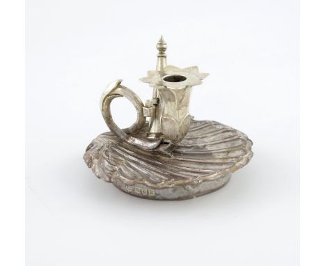 An Edwardian miniature silver chamber stick, by Henry Lambert, London 1905, shell base, ring handle, foliate capital, with a 